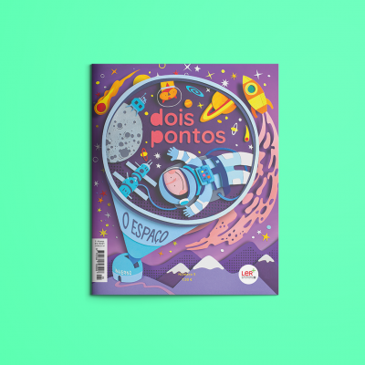 Capa de revista infantil sobre espaço com astronauta e foguetão