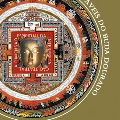 Capa de livro verde-oliva com mandala colorida e máscara dourada central