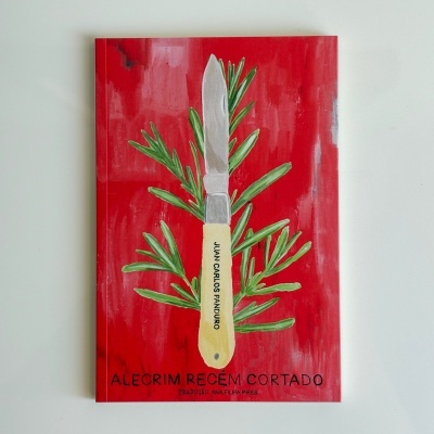 Capa de livro vermelha com ramo de alecrim e faca ilustrada