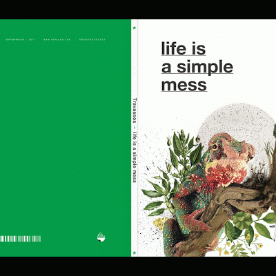 Capa de caderno com design verde e ilustração floral com cão e texto em inglês