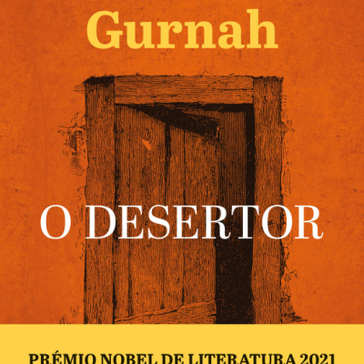 Capa de livro O DESERTOR de Abdulrazak Gurnah com fundo laranja e ilustração de porta