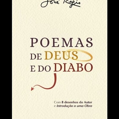 Capa do livro 'Poemas de Deus e do Diabo' de José Régis com fundo creme e texto em castanho e amarelo