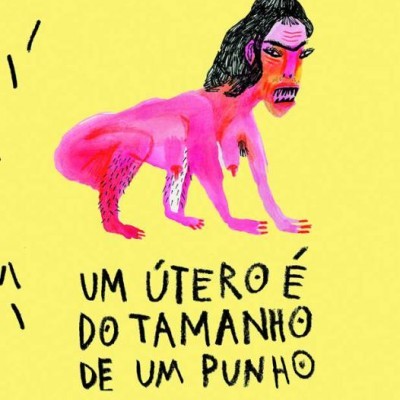 Ilustração colorida de criatura e texto em fundo amarelo
