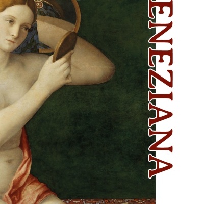 Capa de livro com pintura clássica de mulher e texto VENEZIANA