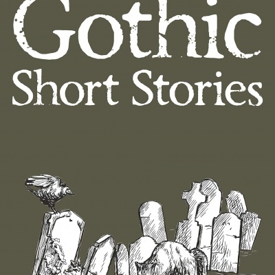 Capa de livro cinza com título 'Gothic Short Stories' e ilustração de lápides, corvo e gato preto
