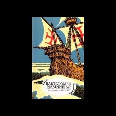 Capa de livro com navio antigo de madeira com velas brancas e cruzes vermelhas