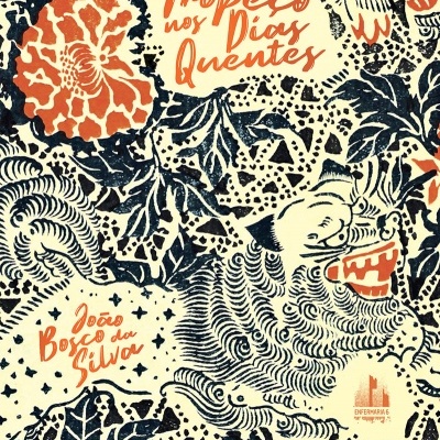 Capa de livro com padrão gráfico floral e leão, texto em laranja manuscrito