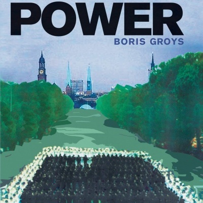 Capa de livro 'ART POWER' de Boris Groys com ilustração de pessoas em formação entre árvores e edifícios