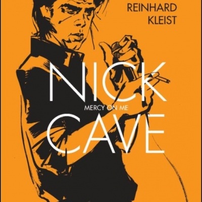 Capa de livro laranja com ilustração de homem a preto e texto Nick Cave.