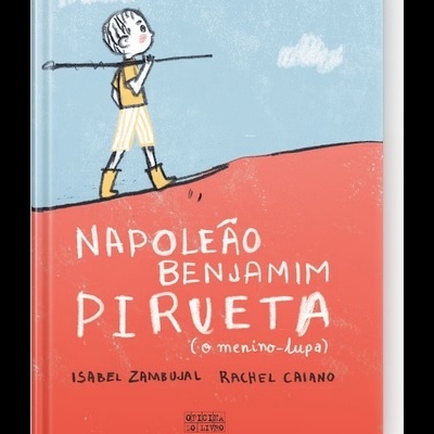 Capa de livro infantil com ilustração de menino a caminhar e título em branco sobre fundo azul e vermelho.