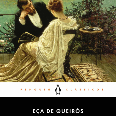 Capa do livro Os Maias com pintura de homem e mulher sentados num jardim, série Penguin Clássicos