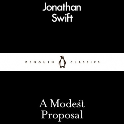Capa de livro A Modest Proposal de Jonathan Swift com design preto e branco e logo Penguin Classics