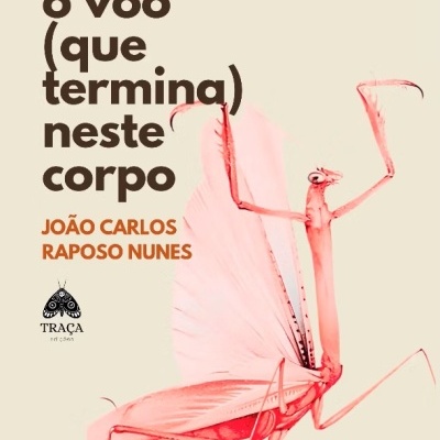 Capa de livro com texto e ilustração de louva-a-deus rosa