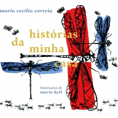 Capa de livro com libélulas vermelhas e azuis e formigas pretas sobre fundo branco