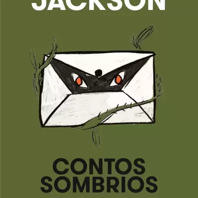 Capa de livro verde com envelope branco e olhos ameaçadores, título 'Contos Sombrios' de Shirley Jackson