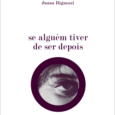 Capa de livro com texto roxo e fotografia de olho humano circular em fundo branco