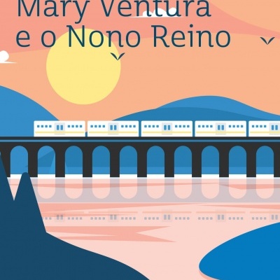 Capa de livro com comboio numa ponte e sol ao fundo
