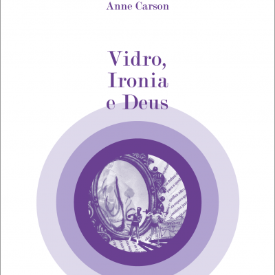 Capa de livro com título 'Vidro, Ironia e Deus' em roxo e círculos roxos concêntricos