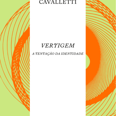 Capa de livro VERTIGEM de Andrea Cavalletti com design gráfico em espiral laranja sobre fundo verde