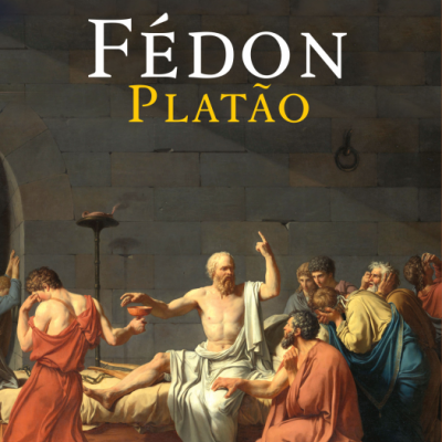 Capa de livro Fédon de Platão com pintura clássica e texto em branco e amarelo