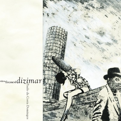 Desenho preto e branco com figuras humanas e construção cilíndrica