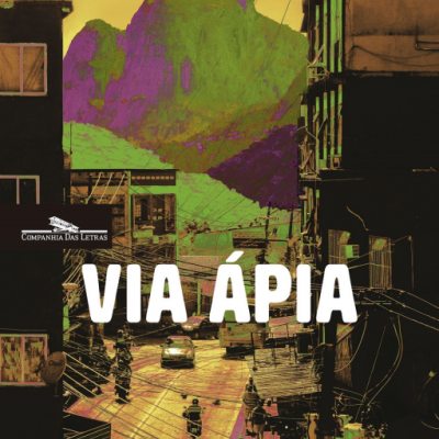 Capa do livro 'VIA ÁPIA' de Geovani Martins com imagem urbana e montanha colorida ao fundo