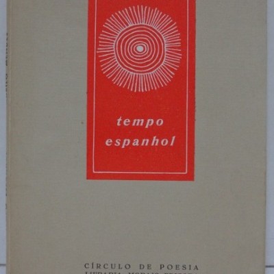 Capa de livro 'tempo espanhol' de Murilo Mendes com fundo bege e detalhes em vermelho e branco