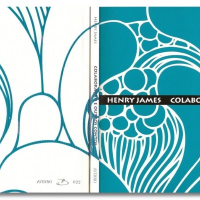Capa de livro azul-turquesa com padrão abstrato branco e texto preto 'HENRY JAMES COLABORAÇÃO'.