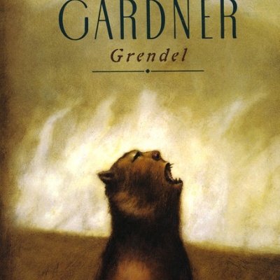 Capa de livro 'JOHN GARDNER Grendel' com desenho de animal uivando