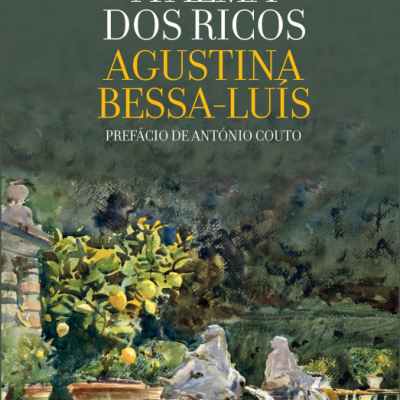 Capa de livro com título A ALMA DOS RICOS, texto em branco e amarelo, e pintura de jardim com fontes e árvores