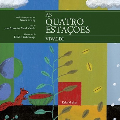 Capa de livro com ilustrações coloridas e texto AS QUATRO ESTAÇÕES VIVALDI