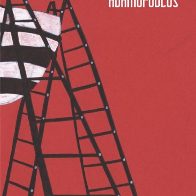 Capa de livro vermelha com ilustração de duas escadas e texto em branco no canto superior direito