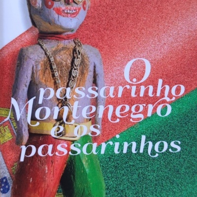 Capa de livro com figura esculpida em madeira e texto em português