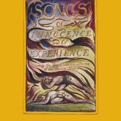 Capa de livro amarelo com ilustração e texto sobre 'Songs of Innocence and Experience' de William Blake