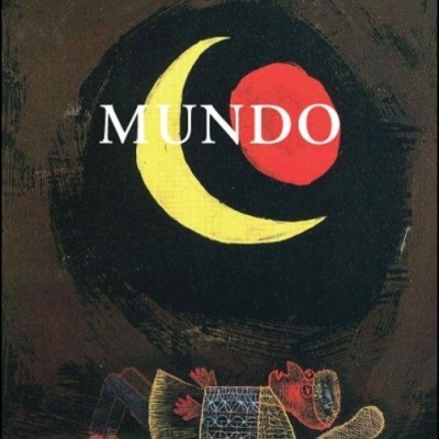 Capa livro com lua amarelo, círculo vermelho, título MUNDO e figura humana estilizada deitada