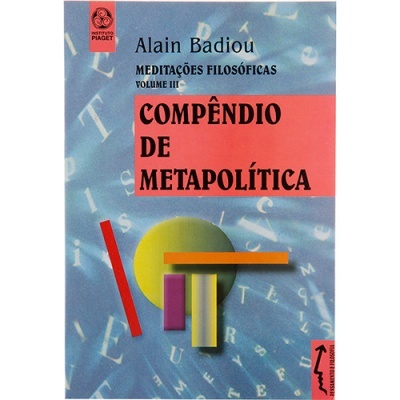 Capa do livro Compêndio de Metapolítica de Alain Badiou com fundo azul e letras dispersas