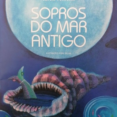 Capa de livro azul e roxa com concha rosa e pássaro verde e título em branco