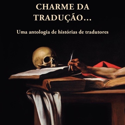 Capa de livro com título e pintura mostrando crânio, mão com pena e livros