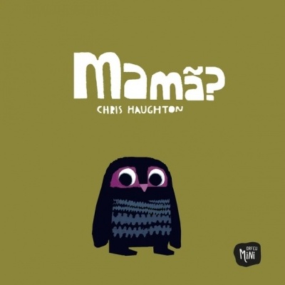 Livro 'Mamã?' com coruja preta num fundo verde oliva