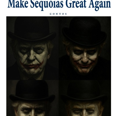 Capa de livro com títulos e quatro rostos pintados como palhaços com chapéus pretos