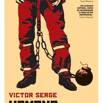 Pernas algemadas de prisioneiro com roupa vermelha e bola de ferro, cartaz do livro 'Homens na Prisão'.