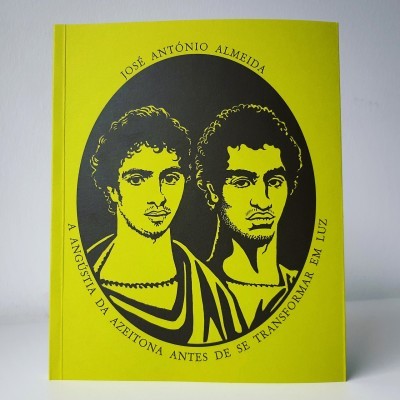 Capa amarela de livro com ilustração de dois rostos masculinos e texto preto.