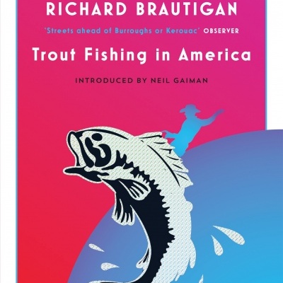 Capa do livro 'Trout Fishing in America' de Richard Brautigan com ilustração de peixe e pescador.