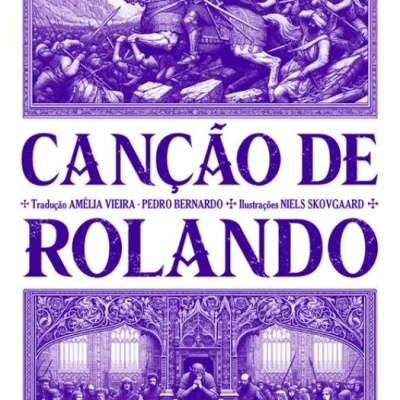 Capa de livro com ilustrações em roxo e texto CANÇÃO DE ROLANDO.