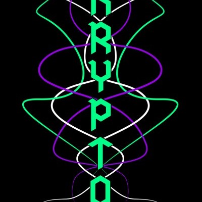 Imagem gráfica com a palavra KRYPTO em verde neon e linhas curvas coloridas