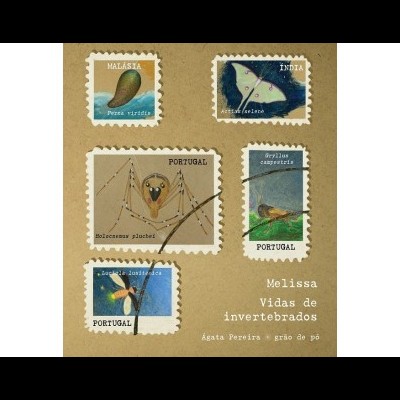 Cinco selos postais coloridos com desenhos de insetos sobre fundo bege com texto impresso.