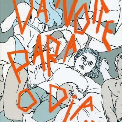Ilustração de várias pessoas com texto em laranja DA NOITE PARA O DIA e assinatura SOFIA NETO.