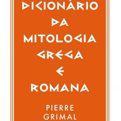 Capa de livro laranja com texto branco 'Dicionário da Mitologia Grega e Romana' de Pierre Grimal