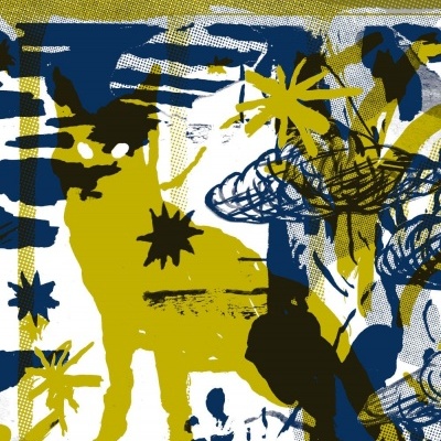 Design gráfico abstrato com texto 'Sirio' e figura de animal colorida.