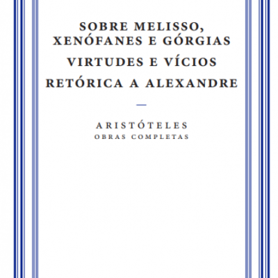 Capa branca de livro de Aristóteles com bordas azuis e texto em português.
